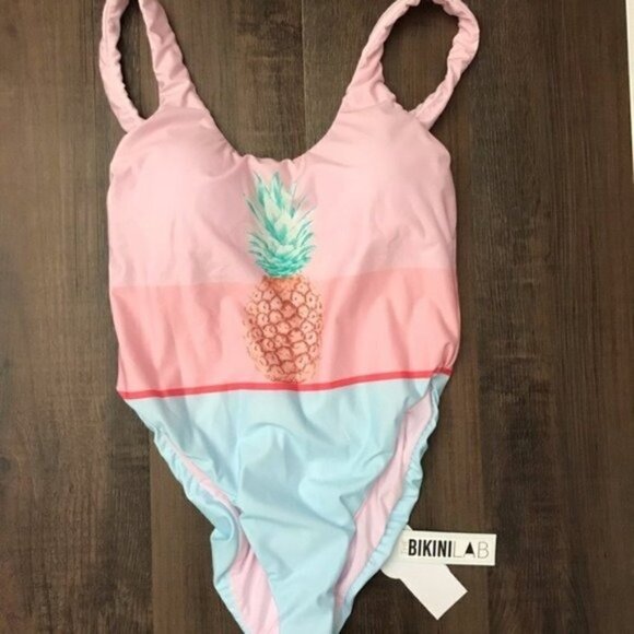 Bikini Lab Pop Art Pineapple High Leg One Piece Sz Med Pink Blue Poolside NWT - Picture 2 of 5